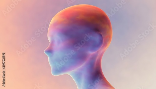 Soft colorful abstract human head in side view. Metacognition and dream analysis representation. Dreamy watercolor textured profile facing left on light sunset background