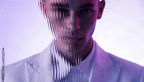 Abstract digital distortion on male face portrait. Cyber security and virtual identity concept. Young man in white suit looking through distorted glass with neon lighting