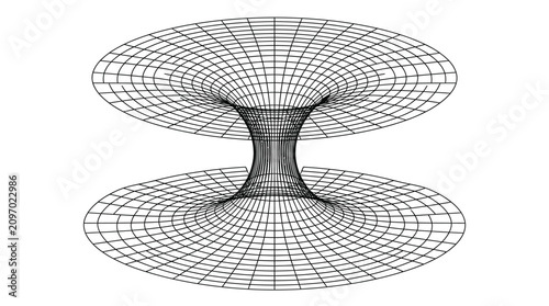 Minimalist black and white vector illustration of a geometric wormhole tunnel shape on white background
