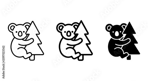 Photography Cute Koala Hugging Tree Vector Icons, Simple Outline and Silhouette Styles, Aust