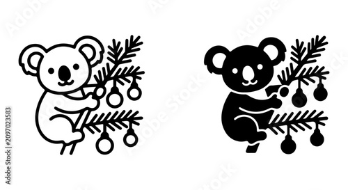 Photography Cute Koala Christmas Vector Icons, Black and White Holiday Animal Art, Festive E