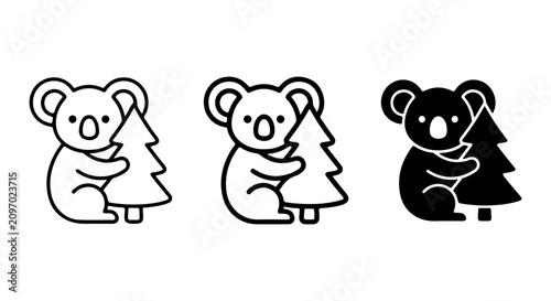 Photography Cute Koala Hugging Christmas Tree Vector Icons, Set of 3 Styles