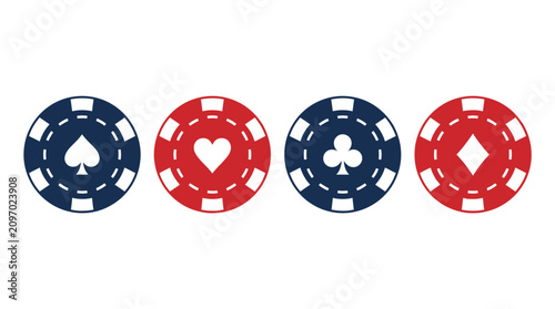 Four colorful poker chips featuring classic card suit symbols in a clean flat vector illustration design