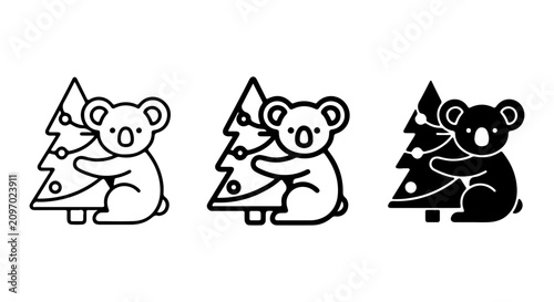 Photography Cute Koala Hugging Christmas Tree Icons, Festive Animal Vector Graphics, Holiday