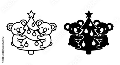 Photography Cute Koala Christmas Tree Duo, Festive Holiday Vector Icons, Black and White Duo