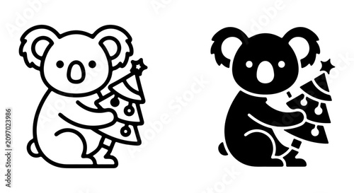 Canvas Print Cute Koala Christmas Icon, Outline and Silhouette, Festive Animal Illustration f
