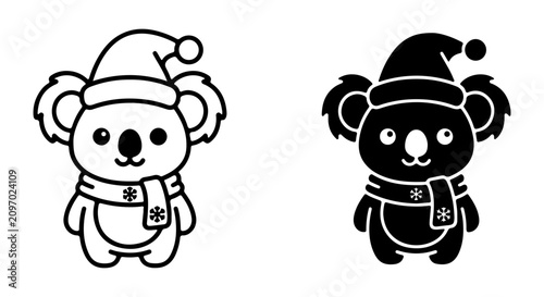 Canvas Print Cute Christmas Koala Vector Icons, Black and White Holiday Animal Graphics, Wint
