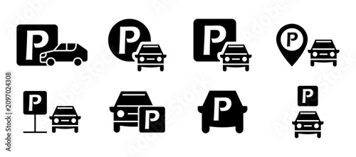 Fotografie 8 iconos de estacionamiento para transporte que representan aparcamiento, vehícu