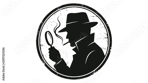 Detailed vector illustration of a mysterious detective silhouette wearing a fedora hat and holding glass