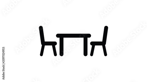 Minimalist black vector illustration showing a simple dining table with two chairs on white background