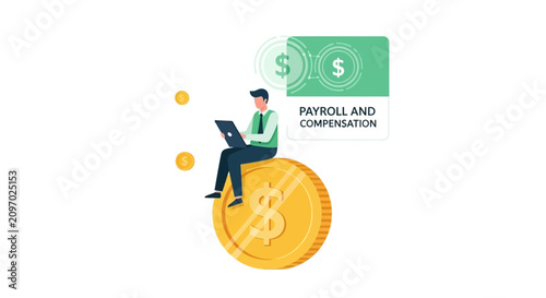 Payroll and Compensation Management Concept: Businessman Sitting on a Large Gold Coin Using Laptop for Financial Accounting and Salary Processing