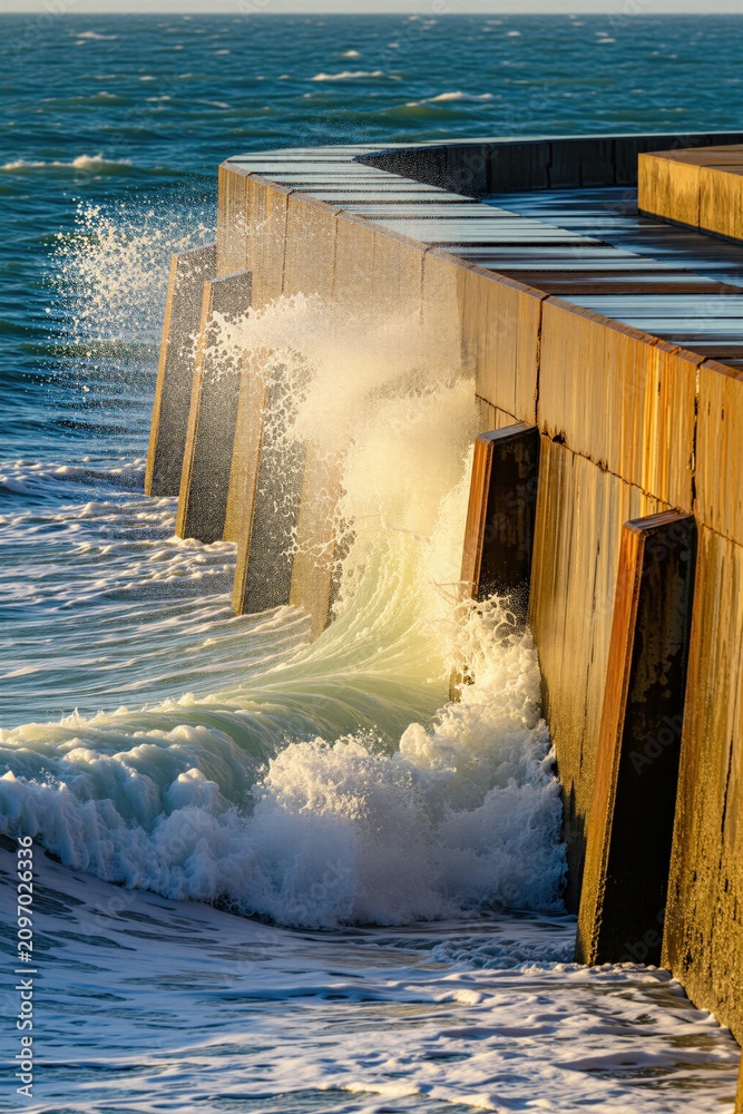 Fototapeta premium Ocean waves crash against sturdy sea wall under bright sunlight. Water sprays upwards creating dynamic scene of motion, light. Concrete structure shows weathered texture with wooden supports against