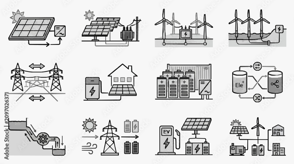 Obraz premium Elegant Monochrome Infographic Illustrating Renewable Energy Systems Solar Panels Wind Turbines Battery Storage Smart Grid and EV Charging