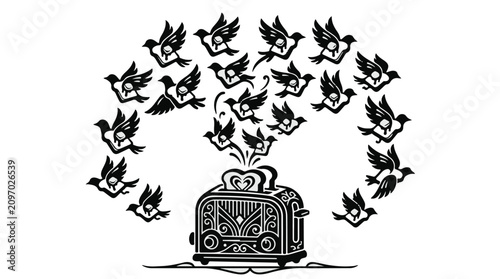 Birds taking flight from a vintage toaster, symbolizing freedom and escape.