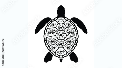 Intricate black and white illustration of a sea turtle with a patterned shell