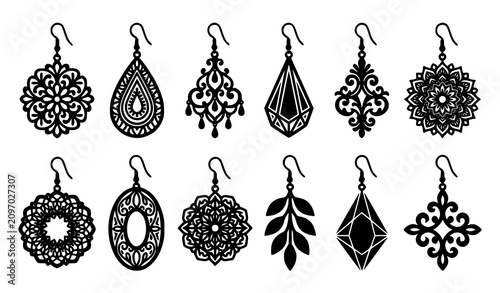 Fényképezés Elegant ornate dangle earrings silhouette vector collection isolated on white ba