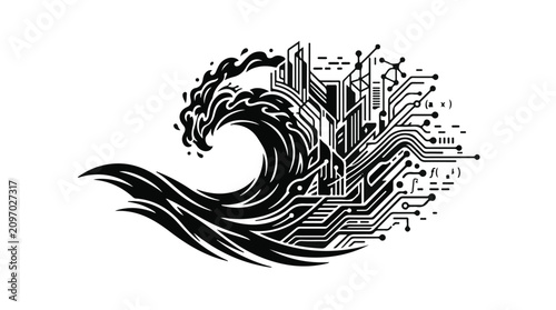 Surging digital wave transforms into abstract cityscape, symbolizing technological advancement and urban development.