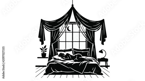 Cozy couple sleeping peacefully in a luxurious bedroom under elegant drapes at night