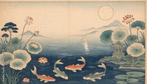 Ukiyo-e Koi Pond Stone Lantern