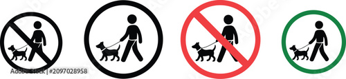 Fotografija Dog Walking Icon featuring allowed and prohibited signs, leash rules, pet control symbols, and public space regulations in editable vector styles