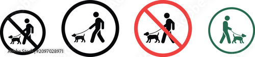 Fotografija Dog Walking Icon featuring allowed and prohibited signs, leash rules, pet control symbols, and public space regulations in editable vector styles