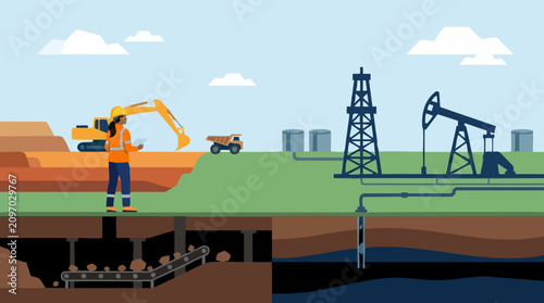 Industrial illustration of mining and oil extraction processes with underground view