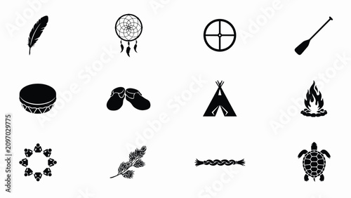 Tableau sur toile Black and white cultural symbols bundle with organized grid against neutral back