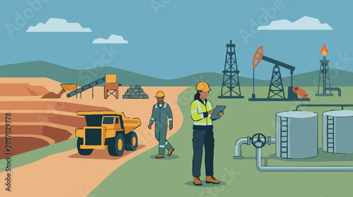 Mining and Oil and Gas Industry Operations with Workers Illustration