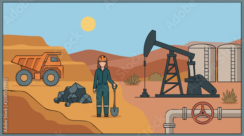 Industrial landscape with mining, oil and gas operations, worker, and machinery