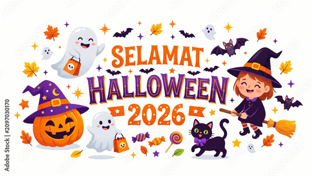 Naklejka premium Selamat Halloween 2026 Greeting Card with Cute Witch Pumpkin and Ghost Vector