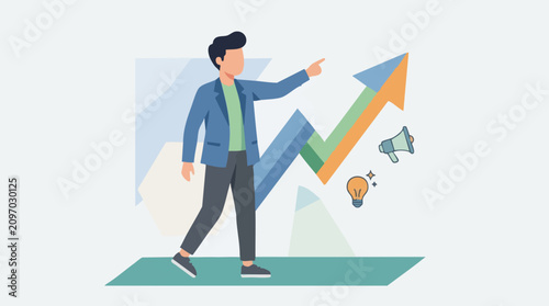 Man pointing at rising growth chart with marketing and innovation symbols