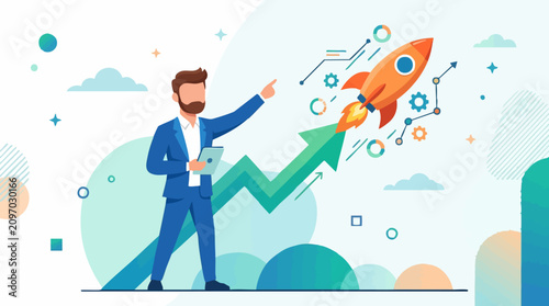 Businessman pointing at rocket launch, symbolizing startup success and business growth