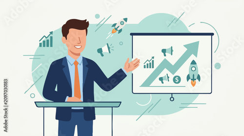 Businessman Presenting Growth Chart and Marketing Concepts