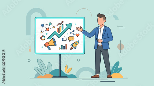 Businessman presenting digital marketing and business growth concepts on whiteboard