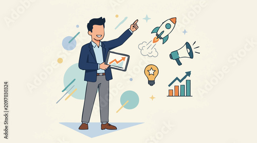 Businessman presenting business growth strategy, innovation, and marketing concept
