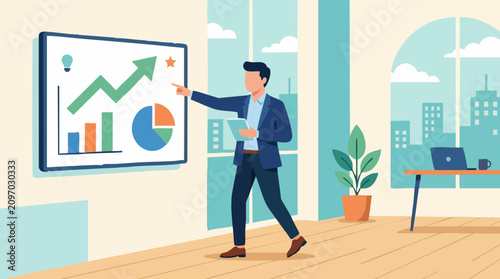 Businessman Presenting Business Data and Growth Charts in an Office