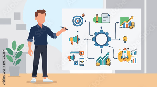 Man presenting business strategy, marketing, and growth process on whiteboard
