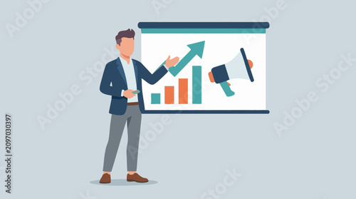 Businessman presenting business growth strategy with bar chart and megaphone