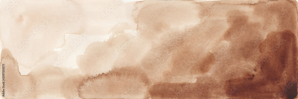 Fototapeta premium Abstract watercolor texture in shades of light and dark brown, soft wash background, with organic shapes, and fluid paint, strokes on paper