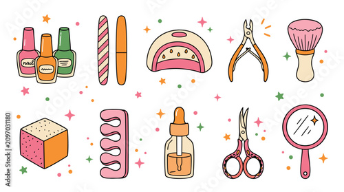 Fotografie Collection of colorful handdrawn nail care tools and beauty products with decora