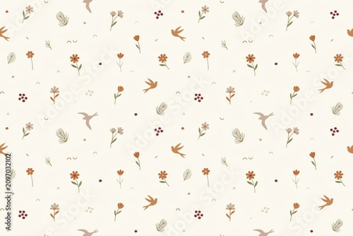 Seamless pattern with small hand-drawn flowers, flying birds, and berries on a light cream background, featuring a soft and minimalist aesthetic