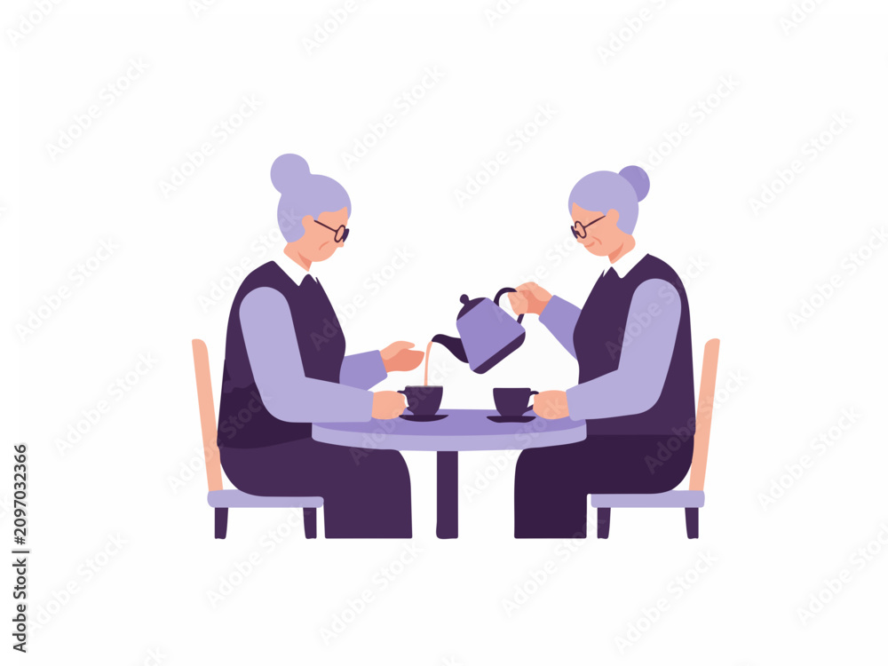 Obraz premium Two Elderly Women Sitting at a Table Having Afternoon Tea and Conversation Flat Vector Illustration