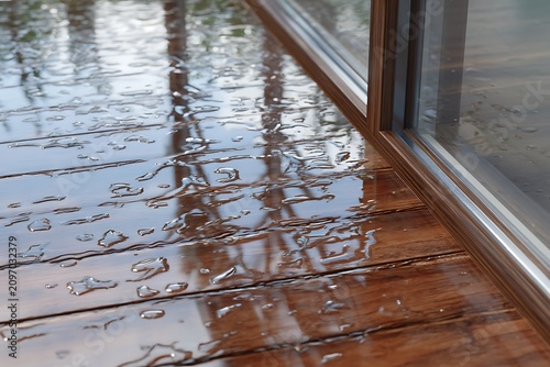 Raindrops resting on the polished brown wooden planks of a wet outdoor patio deck surface