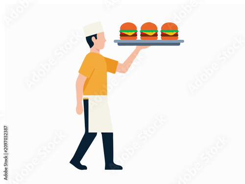 Professional Waiter in Uniform Carrying a Metal Tray with Three Fresh Hamburgers for Delivery Service