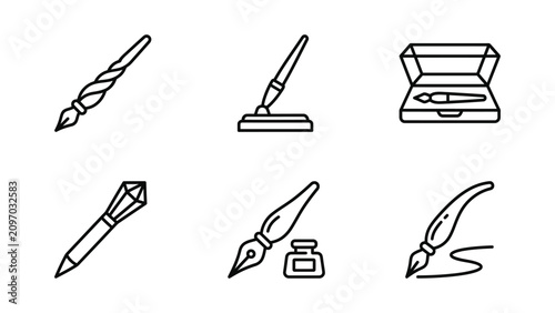 Foto Collection Of Line Art Writing Instruments And Inkwell On A White Background pen