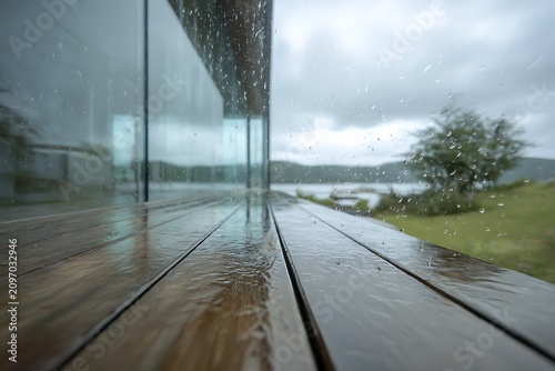 Wet wooden planks on a modern house deck during a heavy rainstorm with blurred scenery