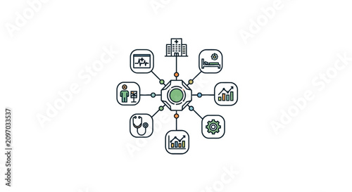 Centralized digital healthcare ecosystem with medical and data symbols.