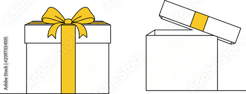 Vector illustration of gift box with yellow ribbon and bow, closed and open present design for birthday, holiday, celebration events