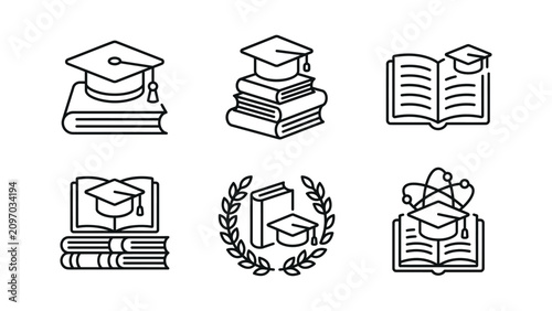 Graduation cap with books and open book line icons on a white background mortarboard