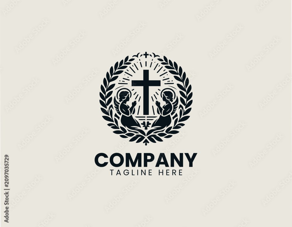 Obraz premium Christian baptism cross with praying angels wreath black vector logo illustration style